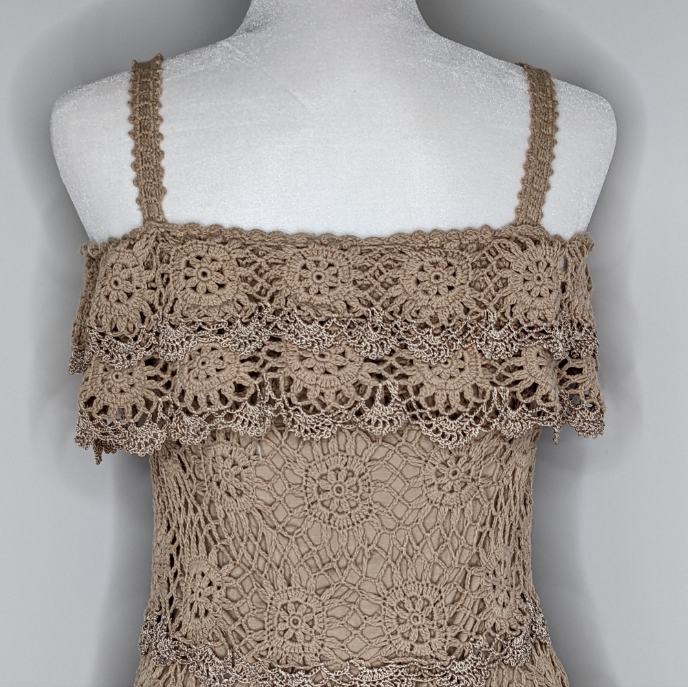 Boston Proper EUC crochet cold shoulder ruffles dress metallic small taupe brown - Picture 5 of 16